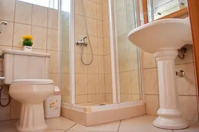 a bathroom with a shower and a toilet and a sink at Apartamento T3 encantador com piscina wifi e perto de praia in Santa Maria