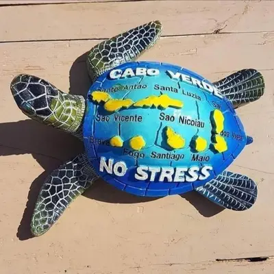 a green turtle toy with a sign on it at Praia Center in Praia