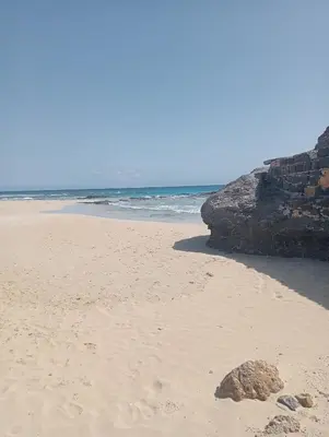 a sandy beach with a rock in the sand at Farfalla in Vila do Maio