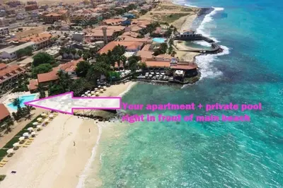 an aerial view of a beach in front of the ocean at Porto Antigo 2 Beach Club in Santa Maria