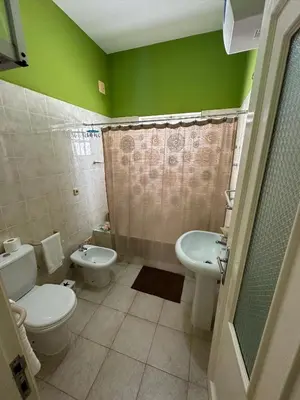 a green bathroom with a toilet and a sink at Djon’s place in Baia das Gatas