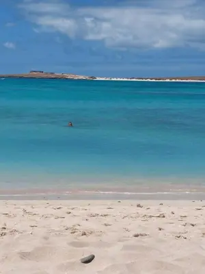 a beach with blue water and a rock in the sand at Vista Oceano - Boa Vista Island in Sal Rei