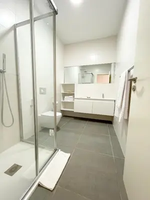 a bathroom with a shower and a toilet at Chez Maria Julia Boutique Hotel in Praia