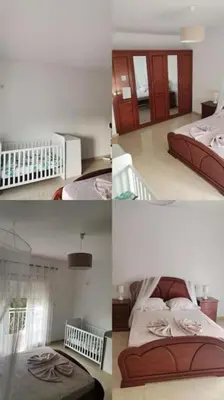 a collage of four pictures of a bedroom at Maison familiale à Tarrafal. in Tarrafal