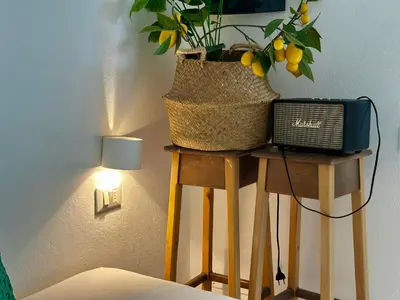 a room with a table with a plant and a phone at Wind Holiday Apartments - By Bobbywashere in Santa Maria