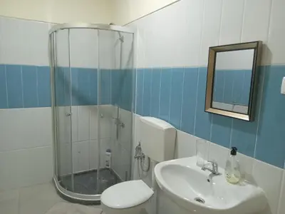 a bathroom with a shower and a toilet and a sink at Constança Retreat in Mindelo