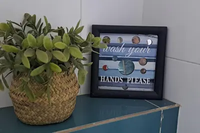 a plant sitting on a table next to a framed picture at Mendes Family Homestay - B&B In The Heart Of Praia in Praia