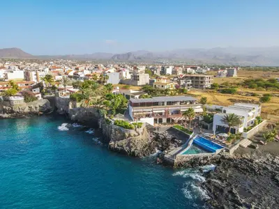 an aerial view of a city and the ocean at King Fisher Village Eco-Boutique Hotel in Tarrafal