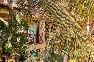 a palm tree in front of a building with plants at Calma de Sal Porto Antigo II Beach apartment in Santa Maria