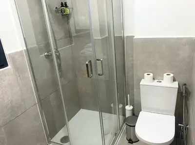 a bathroom with a shower and a toilet at Atlantic SAL - One Bedroom Apt in Santa Maria