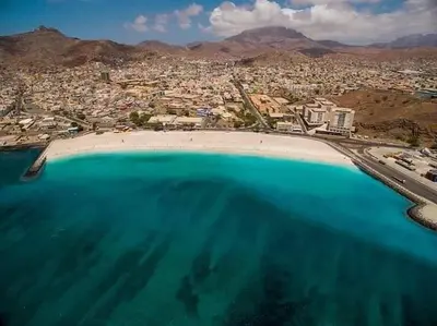 an aerial view of a beach and a city at Flat City Center Mindelo in Mindelo