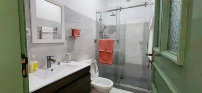 a bathroom with a sink and a toilet and a shower at Casinha Nova - Comfort & Class in Fogo in São Filipe