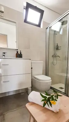a bathroom with a shower and a toilet and a sink at Papaya Apartments Sal Island in Santa Maria