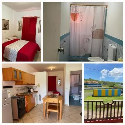 a collage of pictures of a kitchen and a bedroom at Apto Martins - Prédio Residencial Inês nº23 in Vila do Maio