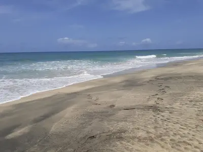 a beach with footprints in the sand and the ocean at Apto Martins - Prédio Residencial Inês nº23 in Vila do Maio