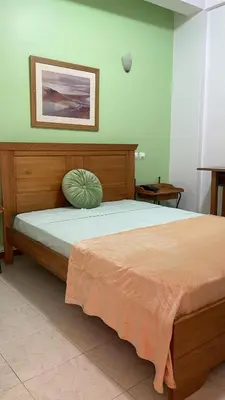 a bedroom with a large bed with a wooden headboard at Felicidade Hotel in Praia