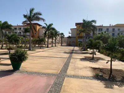 a sidewalk with palm trees and buildings in the background at Vila Verde - Chez Val in Santa Maria