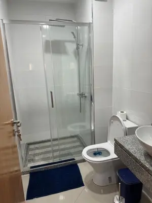 a bathroom with a shower with a toilet and a sink at Holiday Apartments TF in Praia