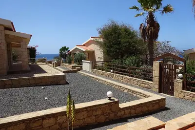 a driveway of a house with a palm tree at Appartamento Serra. Stella Maris Exclusive in Calheta Do Maio