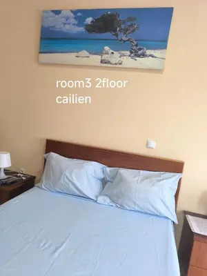 a bedroom with a bed with a picture on the wall at guesthouse emaly in Mindelo