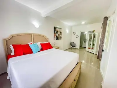 a bedroom with a large bed with red and blue pillows at Zeyden Place Apt 2 in Praia