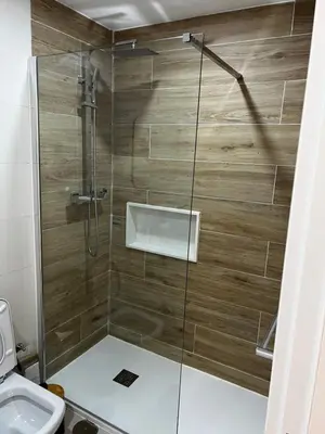 a bathroom with a shower and a toilet at ROYAL PALMAREJO APPARTAMENTO in Praia