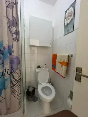 a bathroom with a toilet and a shower curtain at house of happiness in Praia