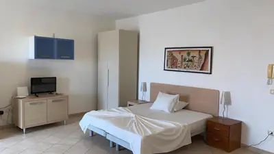 a bedroom with a white bed and a television at Salty Apartments in Santa Maria