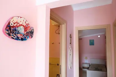 a room with pink walls and a plate on the wall at Nagoia's place com varanda, piscina e super wi-fi in Santa Maria