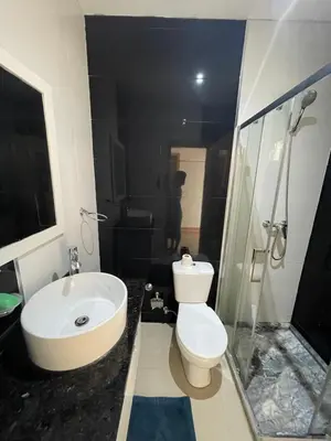 a bathroom with a toilet and a sink and a shower at Casa Mendes- Quarto individual in Praia