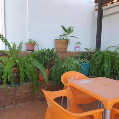 a patio with a table and chairs and plants at Gamboa-1 Praia in Praia