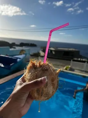a hand holding a drink with a pink straw at Fajã Beach House in Fajã