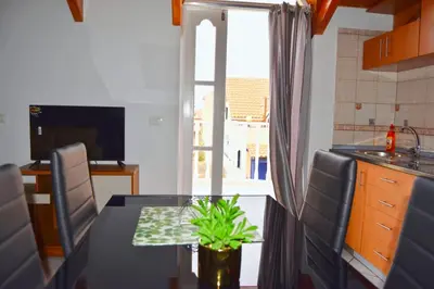 a kitchen with a table with a plant on it at Santa Maria Homely Flat in Santa Maria