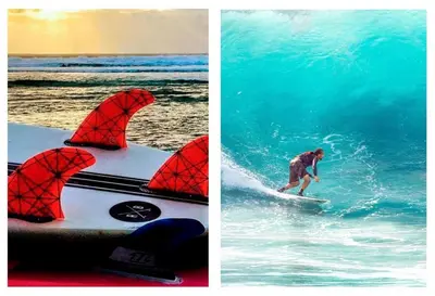 a man riding a wave on a surfboard in the ocean at Time Out DjadSal Residence AC Wifi in Santa Maria