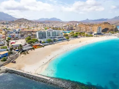 an aerial view of a beach in a city at Bliss Apartments - T2 Nicole in Mindelo