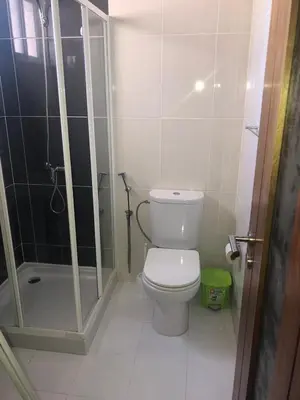 a small bathroom with a toilet and a shower at Apartamento Oiá Mindelo in Mindelo