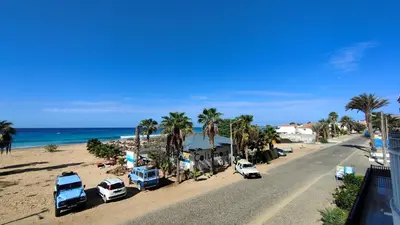 a view of a beach with palm trees and cars at Albis Harena - Leme Bedje Residence in Santa Maria