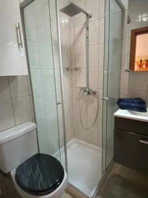 a bathroom with a shower with a toilet and a sink at Seaview Luxury Penthouse Mare in Sal Rei