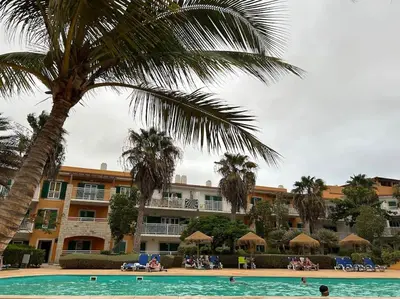 a swimming pool with a palm tree and a building at Vida boa é no Vila Verde Sal in Santa Maria