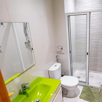 a bathroom with a green sink and a toilet at Apartamentos Modernos Santo Antão in Ribeira Grande
