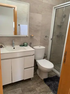 a bathroom with a toilet and a sink and a shower at Apartamentos Modernos Santo Antão in Ribeira Grande