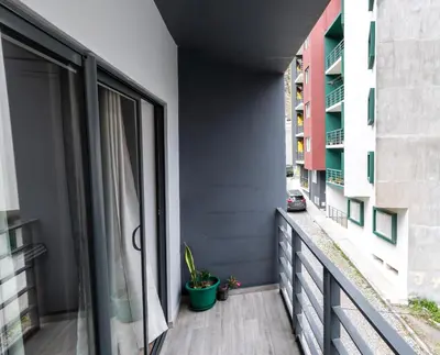a balcony with a plant on the side of a building at Apartamentos Modernos Santo Antão in Ribeira Grande