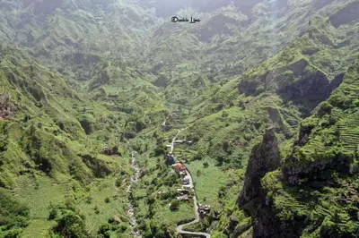 a view of a mountain valley with a river at Alfa-apartamento in Pombas