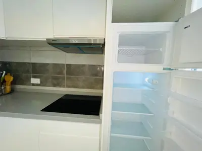 a white refrigerator with its door open in a kitchen at Sal Little Heart Apartment 21 in Santa Maria