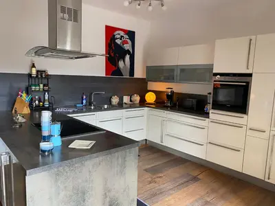 a kitchen with a lion painted on the wall at Zweite Heimat - Townhouse Boa Vista in Sal Rei