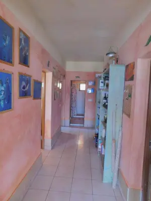 a hallway of a room with pink walls at Tortuga B&B in São Filipe