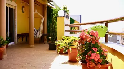 a balcony with potted plants on the side of a building at Spacious Penthouse with BBQ and Views in Praia