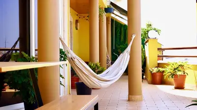 a hammock on a balcony with potted plants at Spacious Penthouse with BBQ and Views in Praia