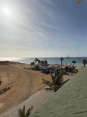a view of a beach with palm trees and the ocean at Leme Bedje - Two bedroom, Pool, WiFi & Beachfront in Santa Maria