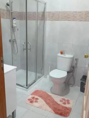 a bathroom with a shower and a toilet and a rug at Conforto ,Natureza e Relaxamento in Carvoeiros